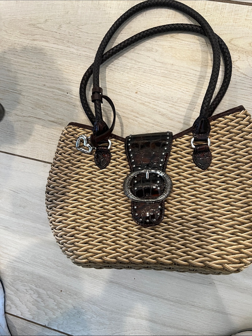 Brighton Woven Straw Tote with Dark Brown Croc-Trim & Silver Buckle